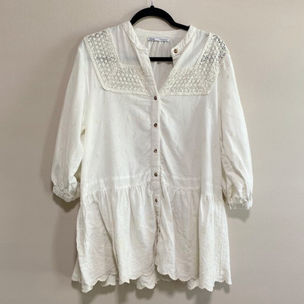 Zara White Embroidered Crochet Cottage Mini Dress Size Small